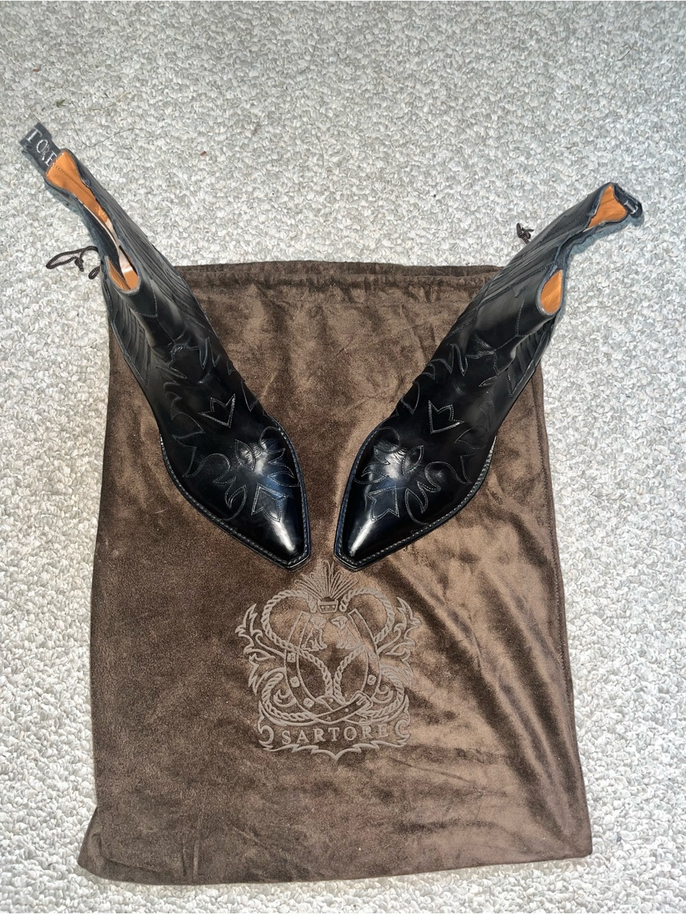 Sartore Black Pointed Toe Embroidered Leather Boots
